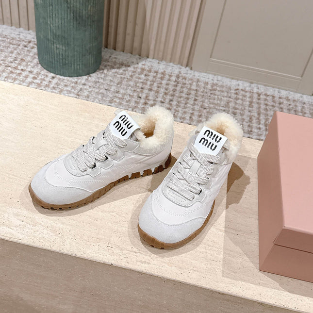 MIUMIU 25S SNEAKERS IN IVORY TYRE TECHNICAL FABRIC AND SUEDE SHEARLING