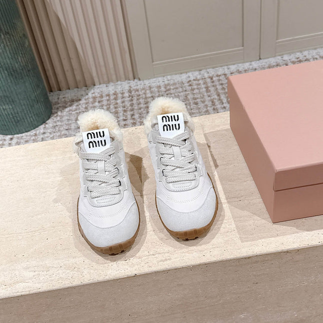 MIUMIU 25S SNEAKERS IN IVORY TYRE TECHNICAL FABRIC AND SUEDE SHEARLING