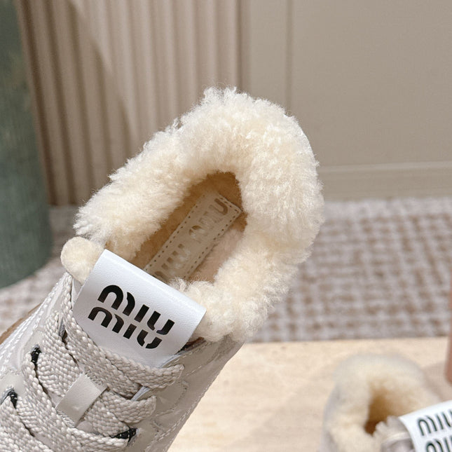 MIUMIU 25S SNEAKERS IN IVORY TYRE TECHNICAL FABRIC AND SUEDE SHEARLING