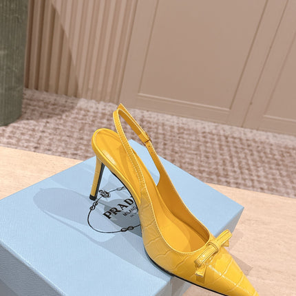 PRADA 26S POINTED-TOE SLINGBACK HEELS 85MM IN GOLDEN YELLOW CROC-EMBOSSED CALFSKIN