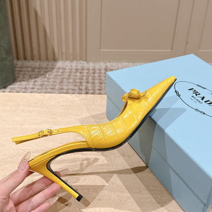 PRADA 26S POINTED-TOE SLINGBACK HEELS 85MM IN GOLDEN YELLOW CROC-EMBOSSED CALFSKIN