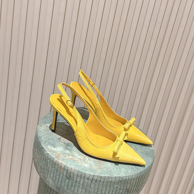 PRADA 26S POINTED-TOE SLINGBACK HEELS 85MM IN GOLDEN YELLOW CROC-EMBOSSED CALFSKIN