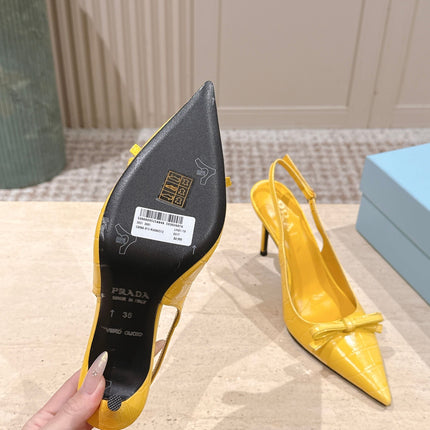 PRADA 26S POINTED-TOE SLINGBACK HEELS 85MM IN GOLDEN YELLOW CROC-EMBOSSED CALFSKIN