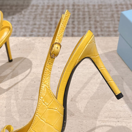 PRADA 26S POINTED-TOE SLINGBACK HEELS 85MM IN GOLDEN YELLOW CROC-EMBOSSED CALFSKIN