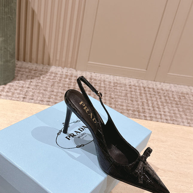 PRADA 26S POINTED-TOE SLINGBACK HEELS 85MM IN BLACK CROC-EMBOSSED CALFSKIN