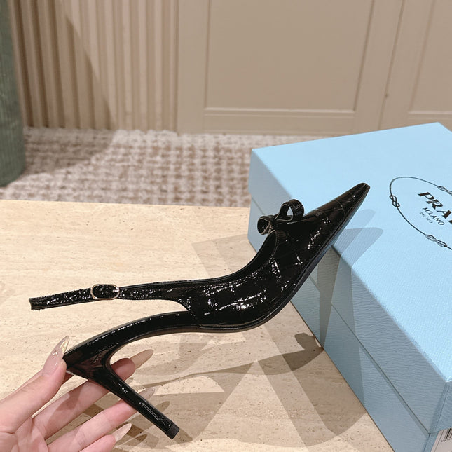 PRADA 26S POINTED-TOE SLINGBACK HEELS 85MM IN BLACK CROC-EMBOSSED CALFSKIN