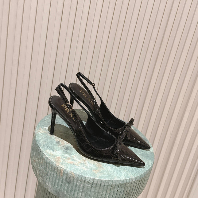 PRADA 26S POINTED-TOE SLINGBACK HEELS 85MM IN BLACK CROC-EMBOSSED CALFSKIN