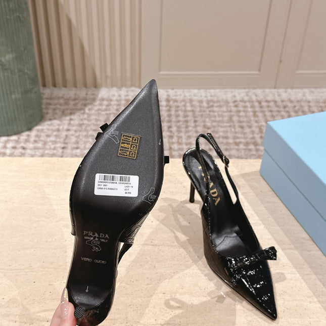 PRADA 26S POINTED-TOE SLINGBACK HEELS 85MM IN BLACK CROC-EMBOSSED CALFSKIN