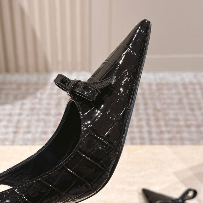 PRADA 26S POINTED-TOE SLINGBACK HEELS 85MM IN BLACK CROC-EMBOSSED CALFSKIN