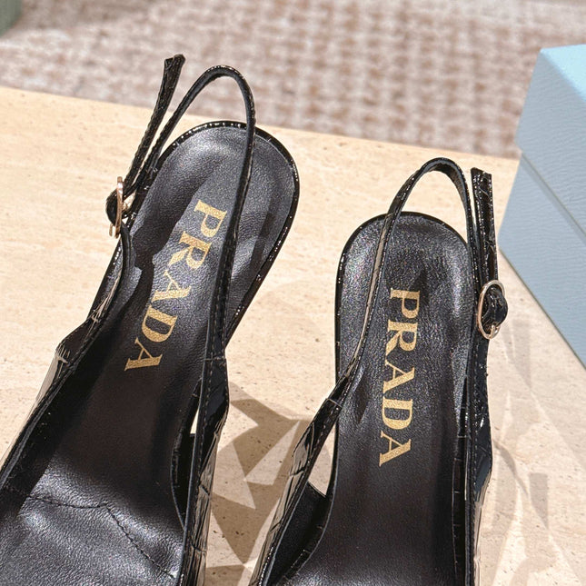 PRADA 26S POINTED-TOE SLINGBACK HEELS 85MM IN BLACK CROC-EMBOSSED CALFSKIN