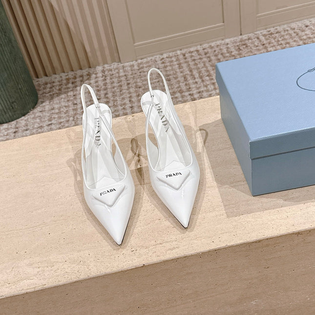PRADA 26S POINTED-TOE SLINGBACK HEELS 75MM IN WHITE PATENT CALFSKIN