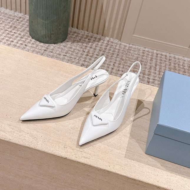 PRADA 26S POINTED-TOE SLINGBACK HEELS 75MM IN WHITE PATENT CALFSKIN
