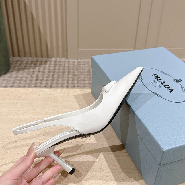PRADA 26S POINTED-TOE SLINGBACK HEELS 75MM IN WHITE PATENT CALFSKIN