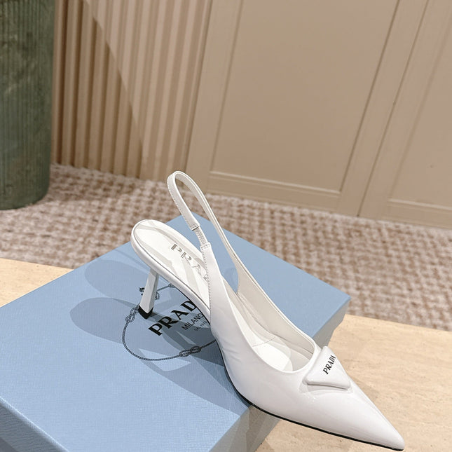 PRADA 26S POINTED-TOE SLINGBACK HEELS 75MM IN WHITE PATENT CALFSKIN