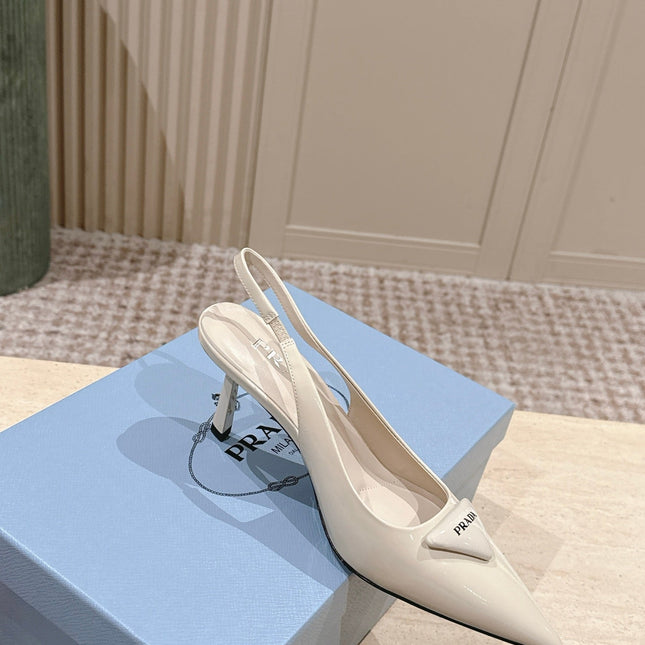 PRADA 26S POINTED-TOE SLINGBACK HEELS 75MM IN LIGHT BEIGE PATENT CALFSKIN