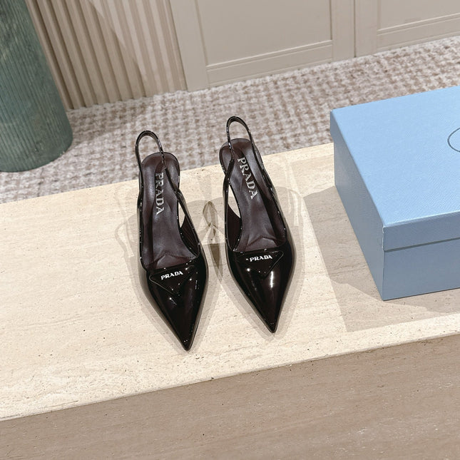 PRADA 26S POINTED-TOE SLINGBACK HEELS 75MM IN DARK BROWN PATENT CALFSKIN
