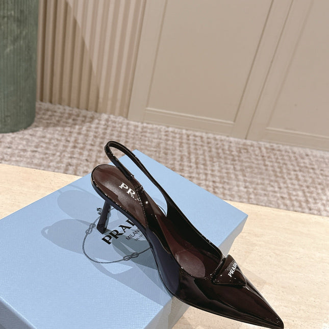 PRADA 26S POINTED-TOE SLINGBACK HEELS 75MM IN DARK BROWN PATENT CALFSKIN