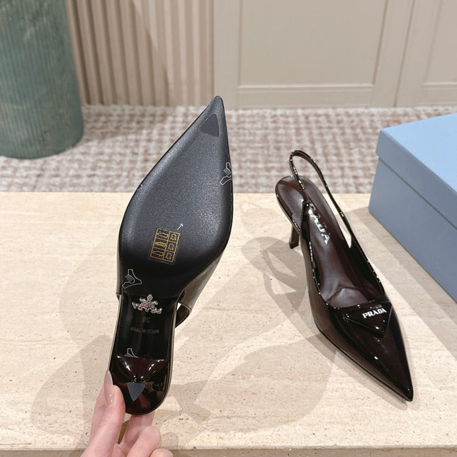 PRADA 26S POINTED-TOE SLINGBACK HEELS 75MM IN DARK BROWN PATENT CALFSKIN