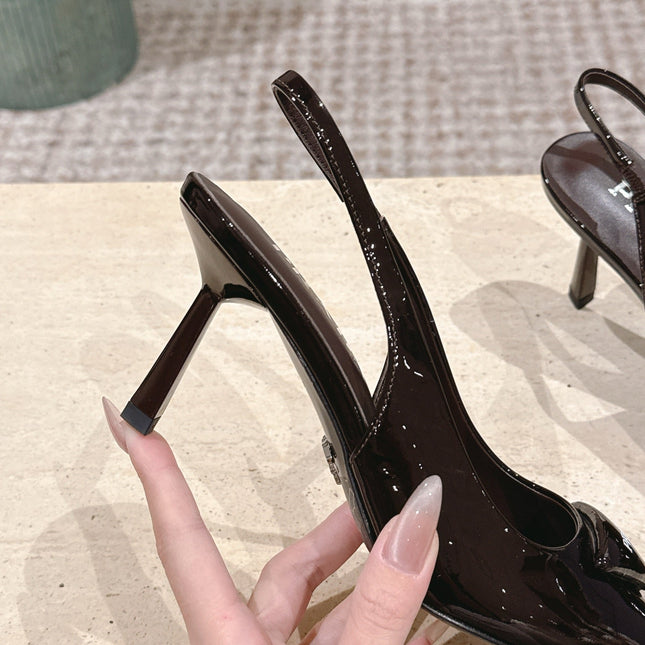 PRADA 26S POINTED-TOE SLINGBACK HEELS 75MM IN DARK BROWN PATENT CALFSKIN