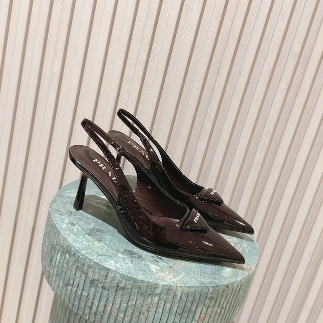 PRADA 26S POINTED-TOE SLINGBACK HEELS 75MM IN DARK BROWN PATENT CALFSKIN