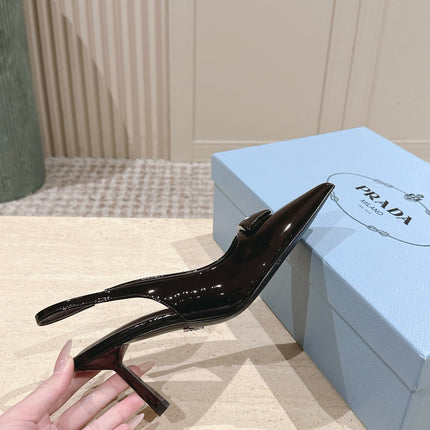 PRADA 26S POINTED-TOE SLINGBACK HEELS 75MM IN DARK BROWN PATENT CALFSKIN