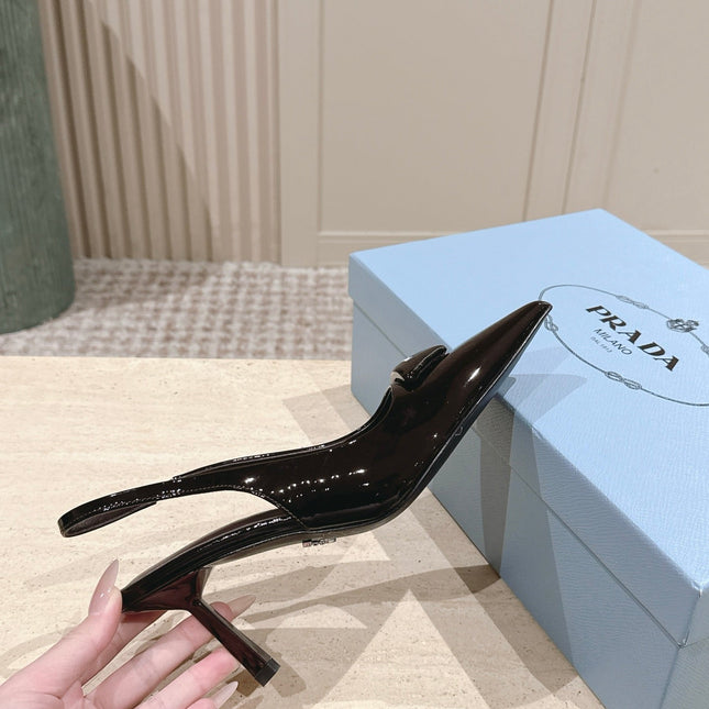 PRADA 26S POINTED-TOE SLINGBACK HEELS 75MM IN DARK BROWN PATENT CALFSKIN