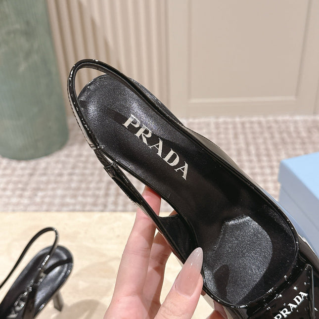 PRADA 26S POINTED-TOE SLINGBACK HEELS 75MM IN BLACK PATENT CALFSKIN