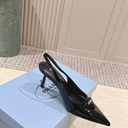 PRADA 26S POINTED-TOE SLINGBACK HEELS 75MM IN BLACK PATENT CALFSKIN