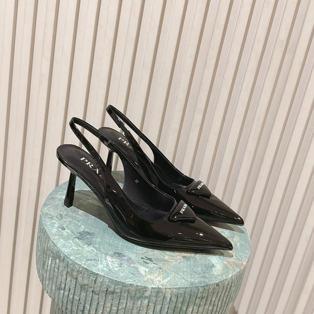 PRADA 26S POINTED-TOE SLINGBACK HEELS 75MM IN BLACK PATENT CALFSKIN