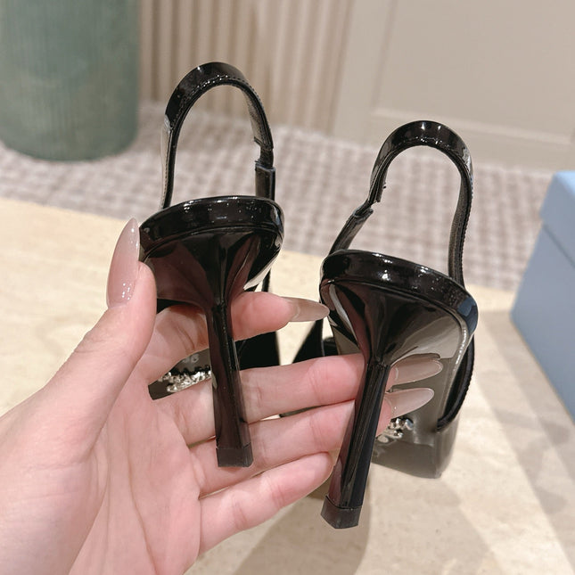 PRADA 26S POINTED-TOE SLINGBACK HEELS 75MM IN BLACK PATENT CALFSKIN