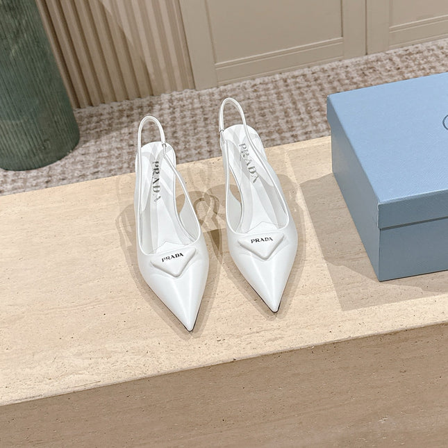 PRADA 26S POINTED-TOE SLINGBACK HEELS 75MM IN WHITE SHINY CALFSKIN