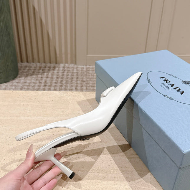 PRADA 26S POINTED-TOE SLINGBACK HEELS 75MM IN WHITE SHINY CALFSKIN