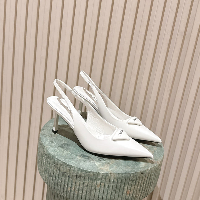 PRADA 26S POINTED-TOE SLINGBACK HEELS 75MM IN WHITE SHINY CALFSKIN