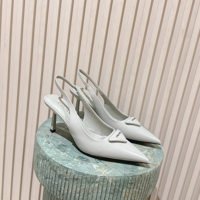 PRADA 26S POINTED-TOE SLINGBACK HEELS 75MM IN SOFT GRAY SHINY CALFSKIN