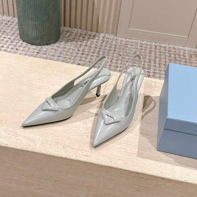 PRADA 26S POINTED-TOE SLINGBACK HEELS 75MM IN SOFT GRAY SHINY CALFSKIN