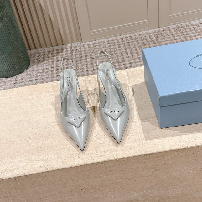 PRADA 26S POINTED-TOE SLINGBACK HEELS 75MM IN SOFT GRAY SHINY CALFSKIN