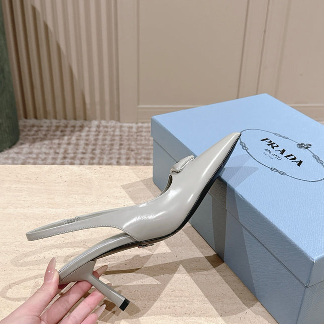 PRADA 26S POINTED-TOE SLINGBACK HEELS 75MM IN SOFT GRAY SHINY CALFSKIN