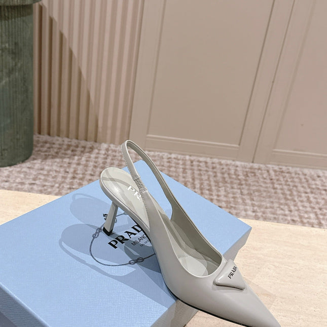 PRADA 26S POINTED-TOE SLINGBACK HEELS 75MM IN SOFT GRAY SHINY CALFSKIN