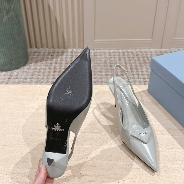 PRADA 26S POINTED-TOE SLINGBACK HEELS 75MM IN SOFT GRAY SHINY CALFSKIN