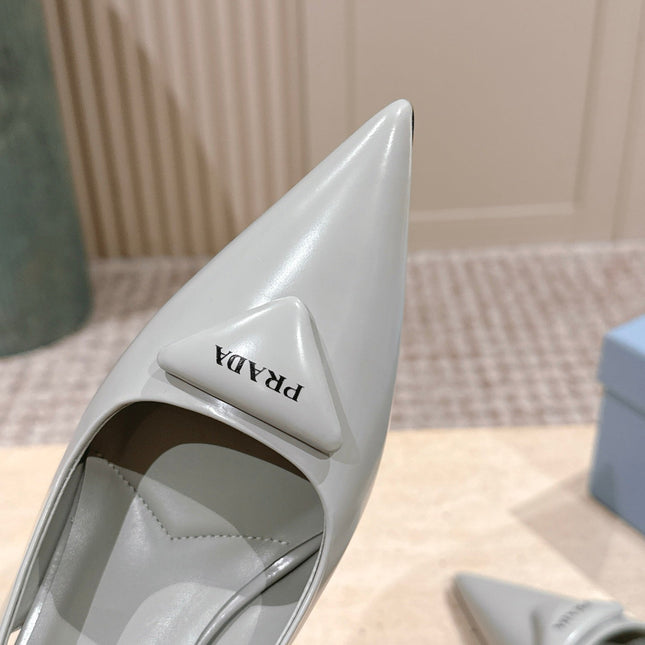 PRADA 26S POINTED-TOE SLINGBACK HEELS 75MM IN SOFT GRAY SHINY CALFSKIN