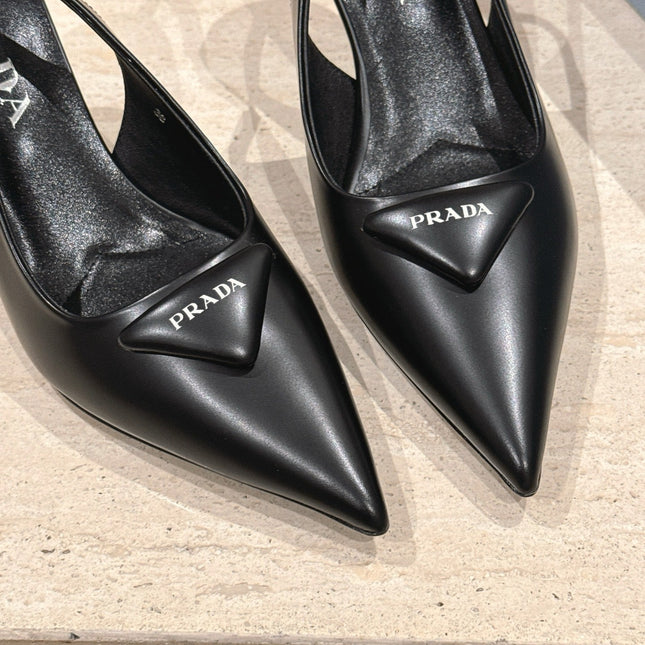 PRADA 26S POINTED-TOE SLINGBACK HEELS 75MM IN BLACK SHINY CALFSKIN