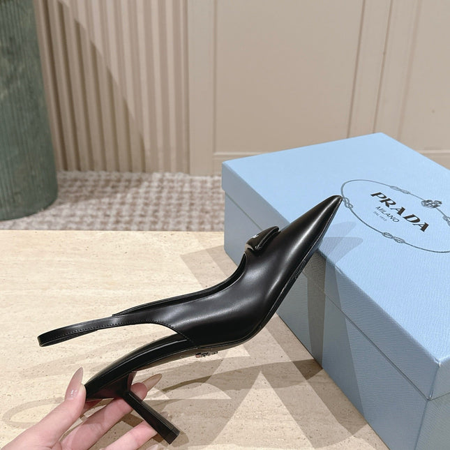 PRADA 26S POINTED-TOE SLINGBACK HEELS 75MM IN BLACK SHINY CALFSKIN