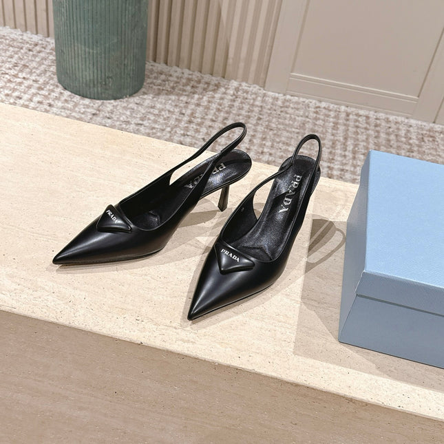 PRADA 26S POINTED-TOE SLINGBACK HEELS 75MM IN BLACK SHINY CALFSKIN