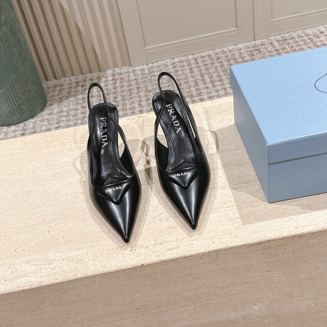 PRADA 26S POINTED-TOE SLINGBACK HEELS 75MM IN BLACK SHINY CALFSKIN