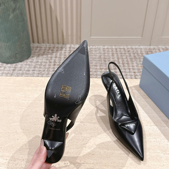 PRADA 26S POINTED-TOE SLINGBACK HEELS 75MM IN BLACK SHINY CALFSKIN