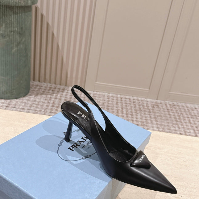 PRADA 26S POINTED-TOE SLINGBACK HEELS 75MM IN BLACK SHINY CALFSKIN