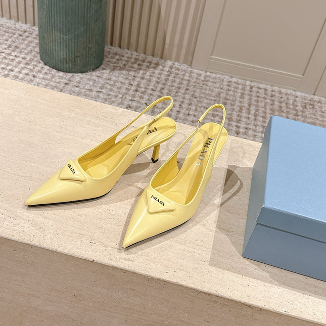 PRADA 26S POINTED-TOE SLINGBACK HEELS 75MM IN PASTEL YELLOW SHINY CALFSKIN