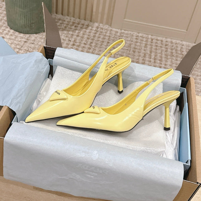 PRADA 26S POINTED-TOE SLINGBACK HEELS 75MM IN PASTEL YELLOW SHINY CALFSKIN