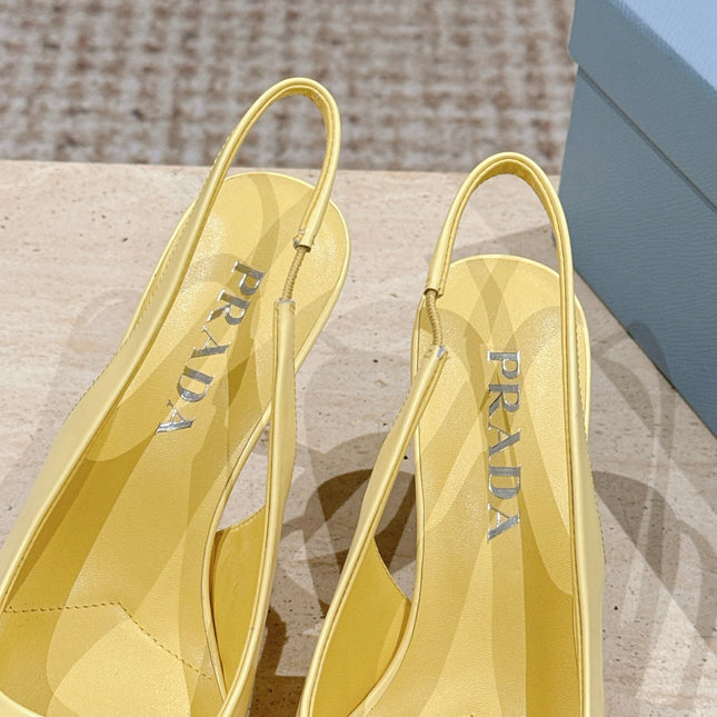 PRADA 26S POINTED-TOE SLINGBACK HEELS 75MM IN PASTEL YELLOW SHINY CALFSKIN