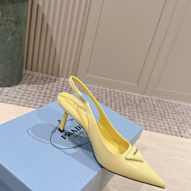 PRADA 26S POINTED-TOE SLINGBACK HEELS 75MM IN PASTEL YELLOW SHINY CALFSKIN